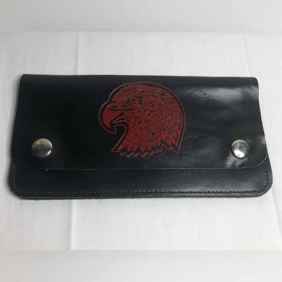 Vintage Genuine Leather Motorcycle Wallet W/ Red Eagle - Picture 1 of 11